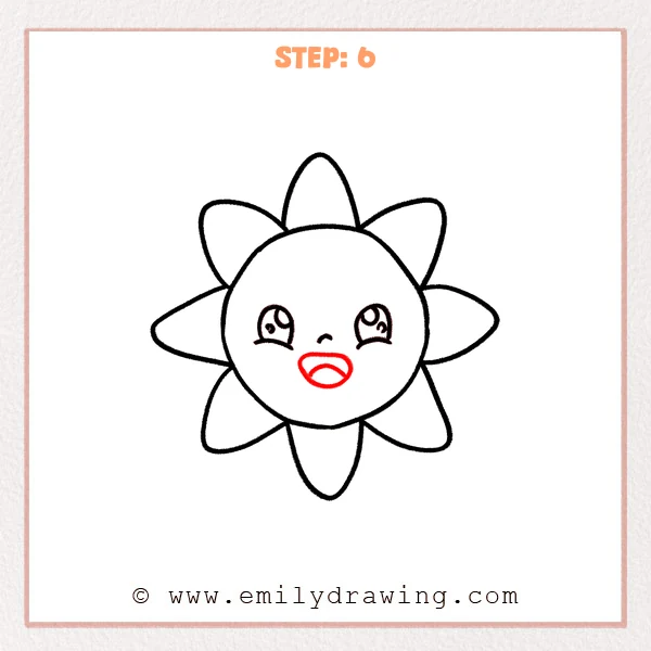 how to draw a cartoon sun - Step 6 adds a wide open smile to the cartoon sun, drawing an oval mouth with an inner curved line for the tongue.